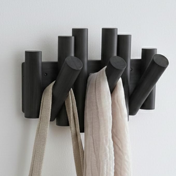 Bamboo Piano Coat Rack Wall Mount Pivoting Retractable Wooden Hooks for Entryway Hallway Mudroom Bedroom Bathroom | Matte Black Wood Hanger, 3 Hooks, Space Saving Organizer