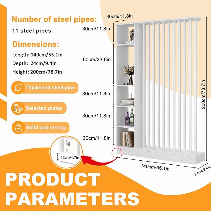 Wall Room Divider, Freestanding Wood Room Divider Shelf with Shelves, Divider Screen Separator Screen with Storage, Wall Divider for Room Separation, for Home Office (White, 55.1x9.4x78.7in)