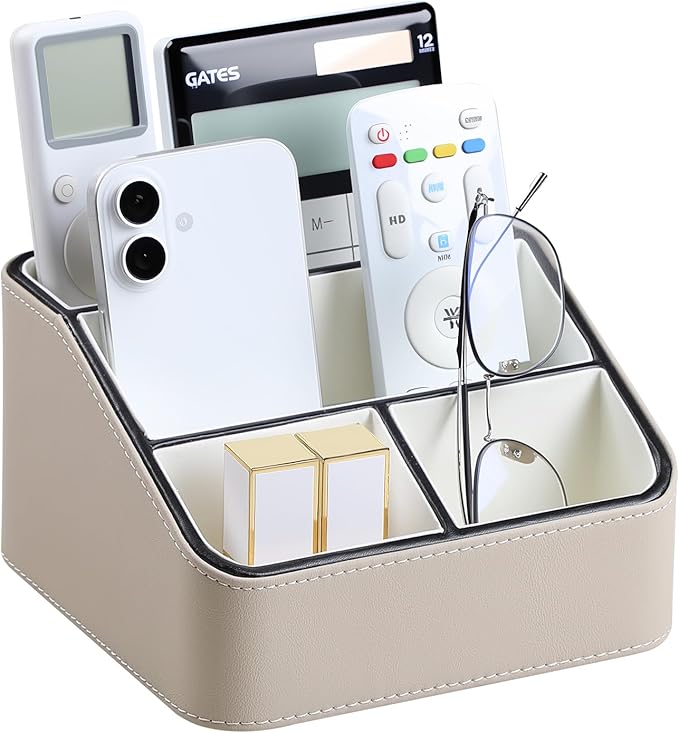 Remote Control Holder, PU Leather Small Desk Organizer with 4 Compartments, Nightstand Organizer Office Desk Accessories Desk Caddy for Countertop Bedside End Table (Beige)