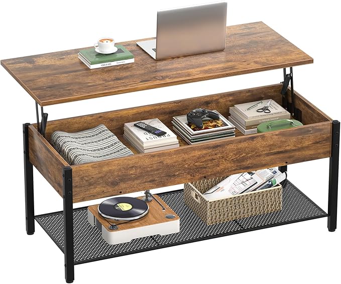 Homieasy 41.7" Lift Top Coffee Table for Living Room, Wood Center Table with Hidden Compartment and Storage Shelf, Modern Rising Tabletop Desk for Small Space, Rustic Brown