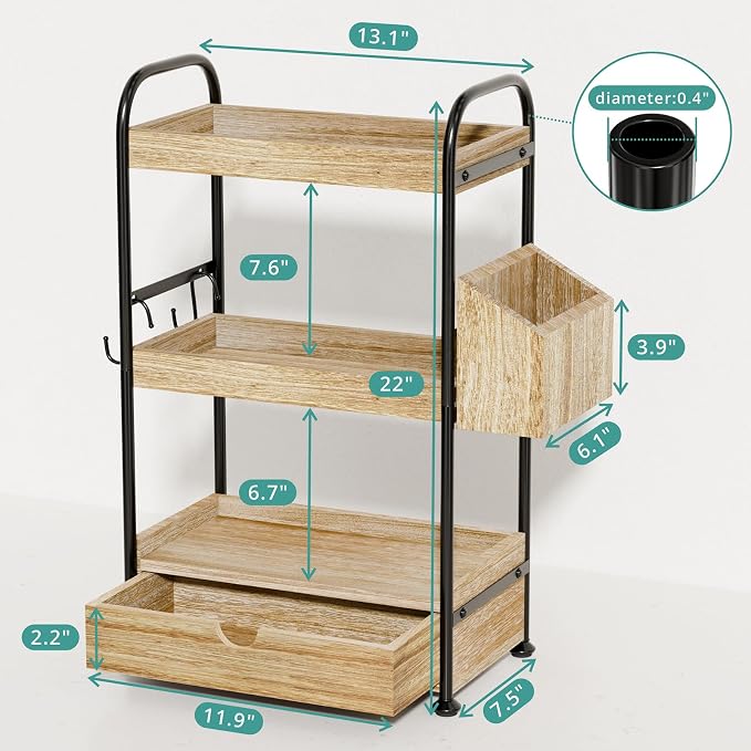 Kottwca 3-Tier Bathroom Counter Organizer with Drawer, Wooden Vanity Skincare Storage Shelf with Thickened Metal Frame, Countertop Shelf with Basket & Hooks for Makeup Organization, Light Brown