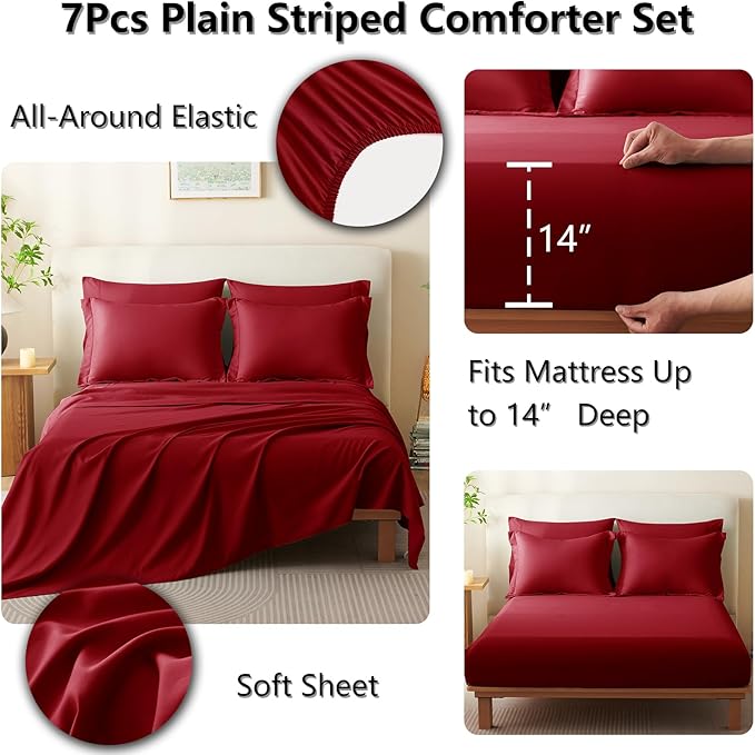 CozyLux Full Comforter Set - 7 Pieces Bed in a Bag Dark Red Comforter Set with Sheets Luxury Bed Set All Seasons, Soft Bedding Set with Down Alternative Comforter, Sheets, Pillowcases & Shams