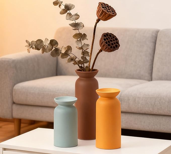 Modern Ceramic Vase for Home Decor Farmhouse Vases Set of 3 Terracotta Decorative Pottery Boho Grass Living Room Kitchen Bedroom