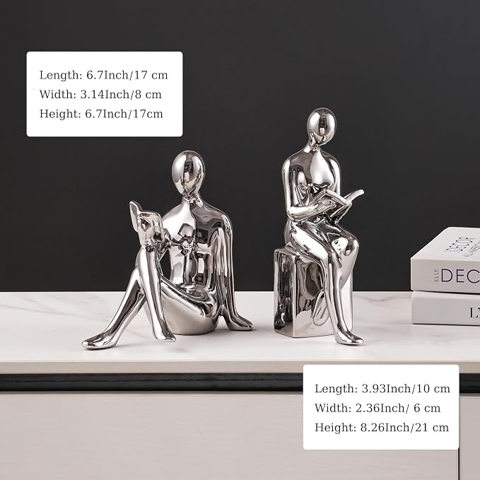 Ceramic Decorative Bookends, Book Ends for Shelves, Home Office Decor Aesthetic Statues Book Holders Stoppers for Bookshelf, Table, Bedroom Living Room Decoration (Silver)