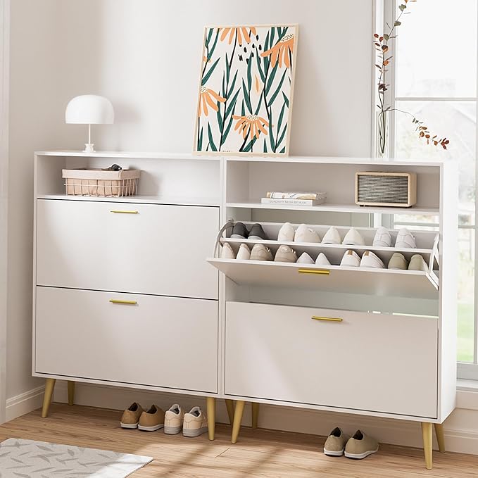 LYNSOM Shoe Cabinet, Free Standing Tipping Bucket Shoe Rack Organizer with 2 Flip Drawers, Modern Entryway Shoe Storage with Top Display, Narrow Slim Hidden Shoe Cabinet (White)