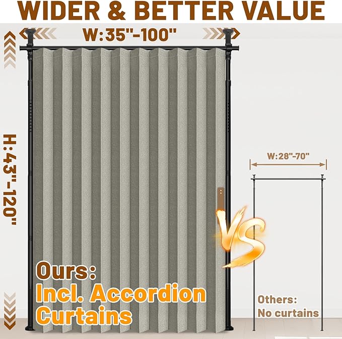AJAZZ Privacy Curtains for Room Divider with Blackout & Soundproof (Grey, W100 x L96 in, 1 Panel)+ No Drill Curtain Rods(H) 43-120×(W) 35-100 in, Wall Divider for Bedroom/Studio/Office Curtain