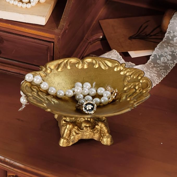 NIKKY HOME Rustic Jewelry Tray Decorative Border Trinket Dish Vintage Ring Holder Bowl for Bracelet Earring Necklace Organizer Metal Display Plate Handmade Gift for Women Girl, Gold