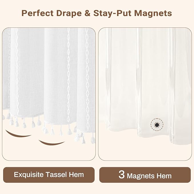 BTTN 3 in 1 Shower Curtain with Liner, 84 Extra Long Boho Linen Striped Cloth Shower Curtain Set with Hook, Tall Farmhouse Bohemian Cute Waterproof Fabric Shower Curtain for Bathroom, White, 72x84