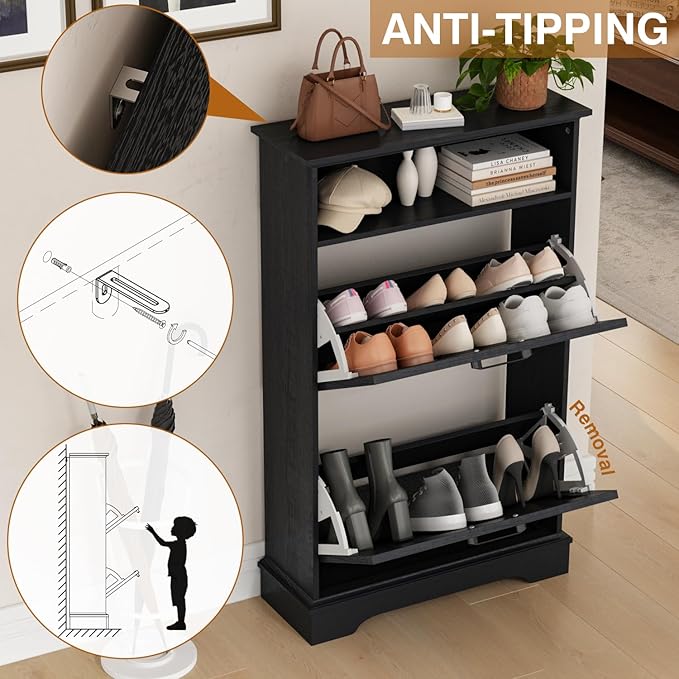 Shoe Storage Cabinet with 2 Flip Drawers, 24" W Farmhouse Modern Hidden Shoes Rack Cabinet with Adjustable Shelves & Open Storage, Narrow Slim Shoe Organizer for Front Door Entrance, Entryway, Black
