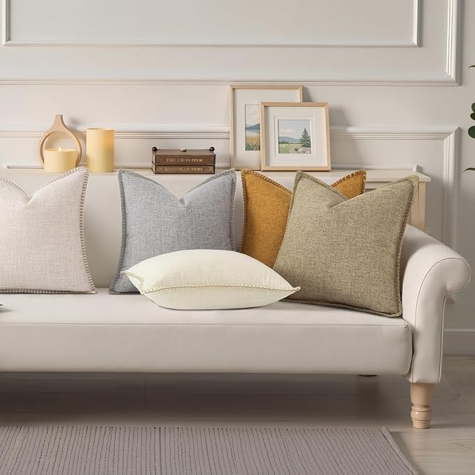 decorUhome Summer Decorative Throw Pillow Covers 26x26 Set of 2 Square Faux Linen Farmhouse Euro Sham Pillow Covers with Stitched Edge Outdoor Neutral Pillow Covers for Couch Sofa Living Room, Khaki