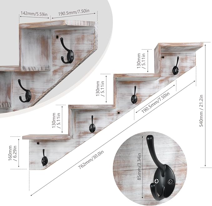 Hookmous Coat Rack Wall Mount with Shelf, White Wall Shelf with Hooks, Sturdy Wooden Rise Staircase Shelves, Space-Saving Decorative Organizer for Entryway, Mudroom, Hallway, Living Room, Bedroom