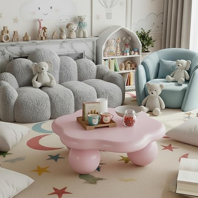 35.03" Cloud Coffee Table for Living Room Unique Coffee Table Modern Low Coffee Tables Cute Center Table with 3 Ball Legs for Small Space Apartment Cream Flower-Pink
