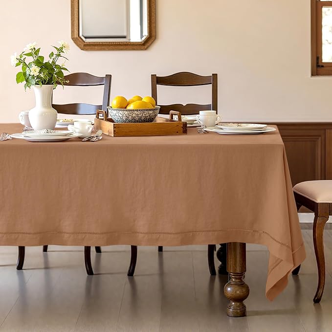 Linen World Fall Linen Tablecloth 120" x 60" Inch,French Linen Washable Rectangular Table Cloth for Dining,Outdoor, Weddings and Restaurants,Decorative Thanksgiving Christmas,Beige Hemstitch