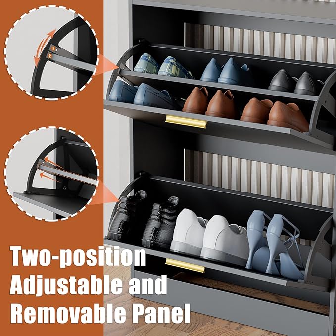JOZZBY Shoe Cabinet Storage for Entryway, Slim Black Hidden Shoe Organizer Cabinet with 2 Flip Drawers, Wooden Narrow Shoe Rack with 2 Tier Freestanding for Hallway, Living Room
