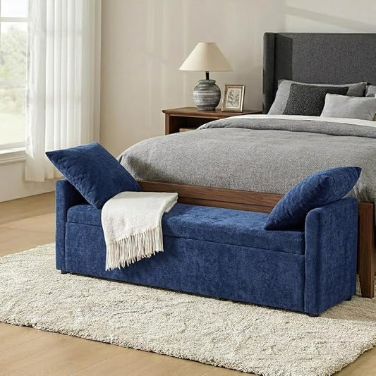 HULALA HOME 59" Storage Bench with 2 Throw Pillows, Modern Long Bedroom Bench for End of Bed, Comfy Upholstered Footstool for Entryway Living Room, Navy