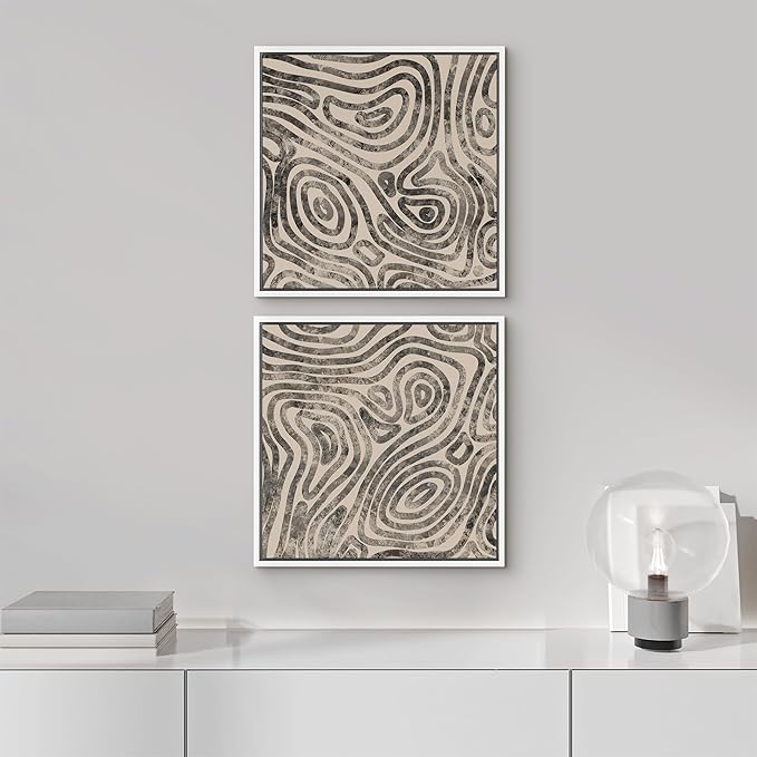SIGNFORD Framed Canvas Print Wall Art Set Organic Swirl Pattern Duo Modern Black and Gray Abstract Illustrations Modern Art Minimal Relax/Calm for Living Room, Bedroom, Office - 16"x16"x2 White