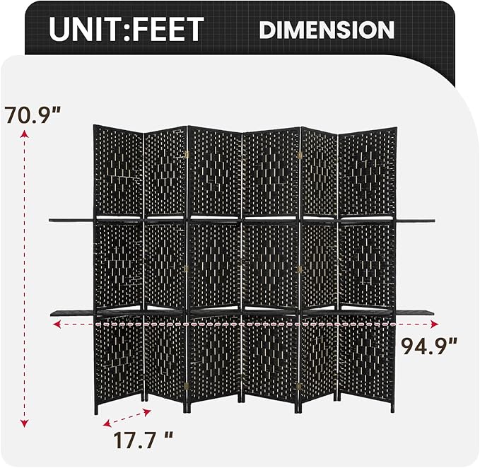 Room Divider 6 Panel Room Screen Divider Wooden Screen Folding Portable Partition Screens Wood with Removable Storage Shelves Color, Black