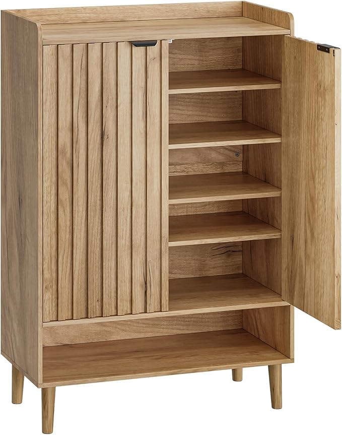 Smuxee Oak Shoe Cabinet with Fluted Doors, 6-Tier Shoe Storage Cabinet with Adjustable Shelves, Freestanding Shoe Organizer Cabinet for Entryway, Hallway, Closet, Living Room