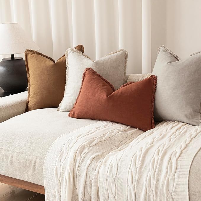 Foindtower Set of 2 Decorative Linen Fringe Throw Pillow Covers Boho Farmhouse Cushion Cover with Tassels Soft Accent Pillowcase for Couch Sofa Bed Living Room Home Decor, 26×26 Inch, Fall Rust Orange