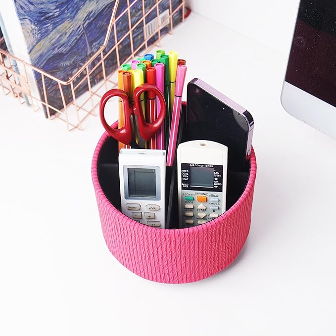 Round Leather Art Supply Organizer,Remote Control Holder,360 Degree Spinning,Multi-Functional Pencil Holder,4 Compartments Desktop Stationary Organizer(1-Vertical Wood Red)