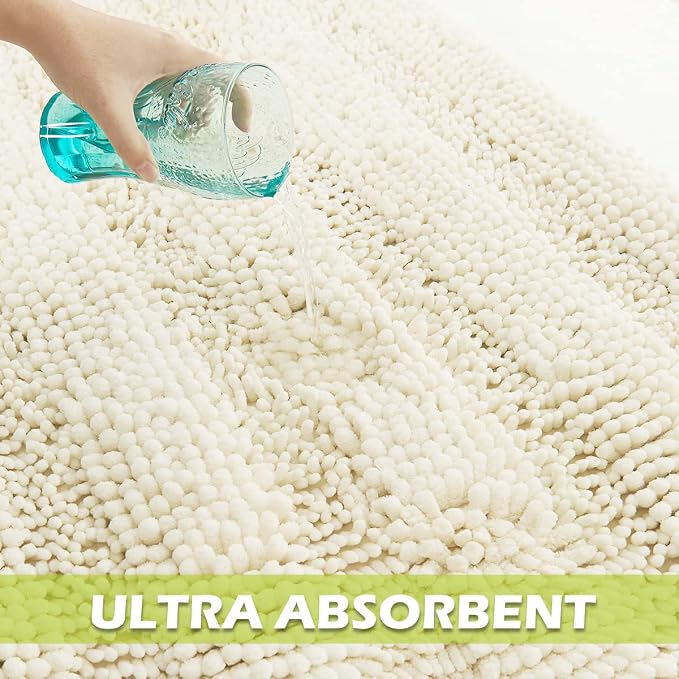 KGORGE Bath Mat for Bathroom - White Super Soft Shower Rug Non-Slip Washable Absorbent Quick Drying Chenile Bathtub Floor Carpet, Cream,60" x 24", 1Piece