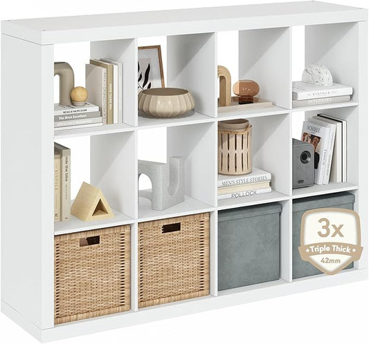Furinno Cubicle Book Shelf, 12-Cube Bookshelf, Triple Thick Frame Cube Storage Organizer, 1.65" Thick Bookcase, 15.4" x 57.4" x 43.4", for Home Office, Living Room, Plain White