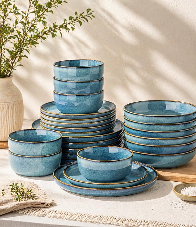 GBHOME 24 Pieces Double Bowls Ceramic Dinnerware Sets for 6, Stoneware Plates and Bowls Set with Reactive Glaze, Scratch Resistant Stoneware Dishes Set, Dishwasher & Microwave Safe