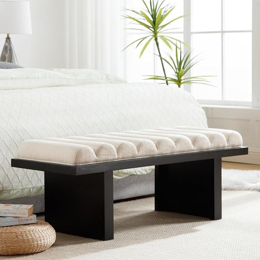 HEAH-YO Modern Bedroom Bench,47 Inches Upholstered Entryway Bench for Bedroom End of Bed with Cylindrical Cushion/Black Wood Leg,Window Ottoman for Living Room Hallway,Linen Beige