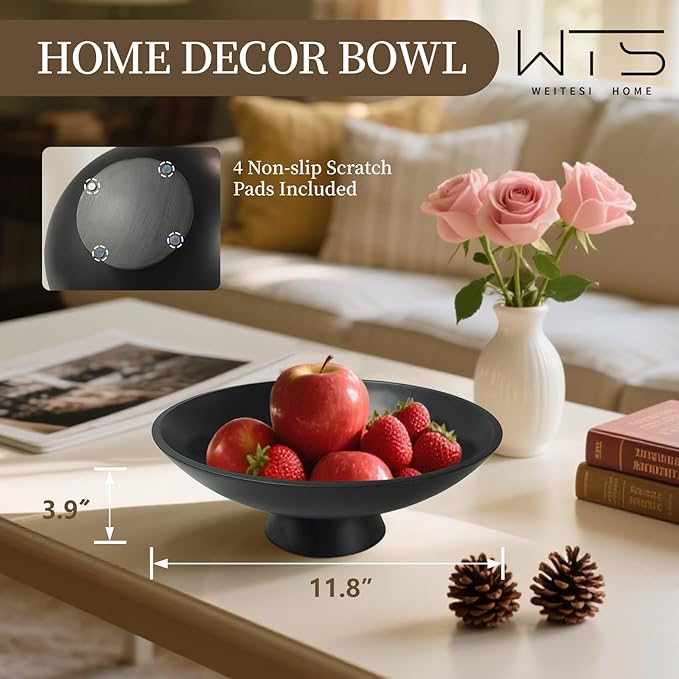 Large Decorative Fruit Bowl for Kitchen Counter, Modern Resin Pedestal Bowl for Home Decor, Stylish Key Bowl for Entryway Table, Decorative Bowl for Coffee Table Decor, Artificial Stone Black