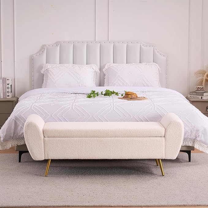 Teddy Storage Bench for Bedroom, 57" Extra Long Boucle Bench for King Size Bed, Modern Upholstered End of Bed Ottoman Bench with Arms and Gold Legs for Entryway Living Room (Ivory White)