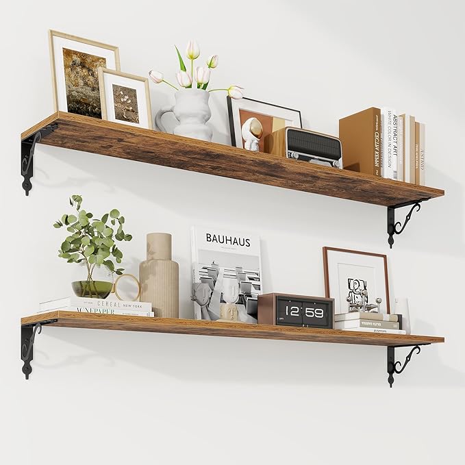 RICHFOCUS Floating Shelves for Wall Decor, 47.3W x 8D Shelves Set of 2, 8 Inch Deep Rustic Wood Shelf Wall Mounted with Brackets, Long Shelves for Living Room Bedroom Kitchen, Rustic Brown