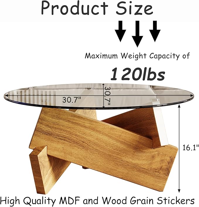 Honyee Modern Round Coffee Table, 30.7" x 30.7" x 16.1" Tempered Glass Top for Living Room, Color: Natural Wood