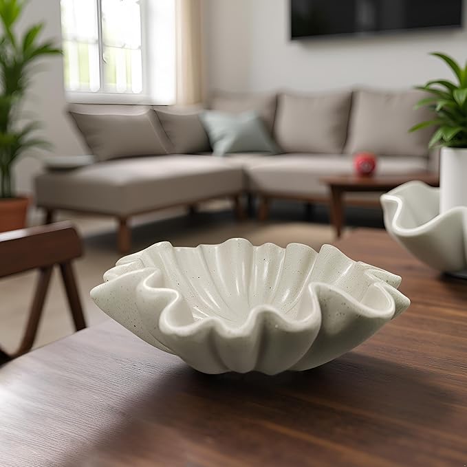10" Large Handmade Decorative Bowl decor, Handicraft Scalloped Bowls for Modern Home Decor,Ruffle Decor,Key Bowl for Entry Table,Decorative Fruit Bowl for Kitchen Counter,Light Gray