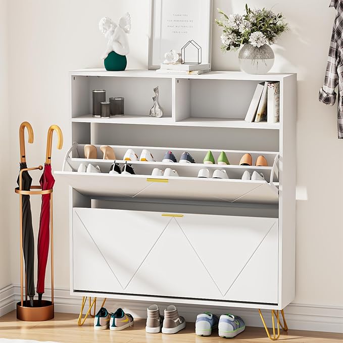 JOZZBY Large Shoe Cabinet for Entryway, 46'' Tall Narrow Shoe Storage Cabinet with 2 Flip Drawers and Open Shelves, White Freestanding Shoe Organizer for Hallway, Living Room