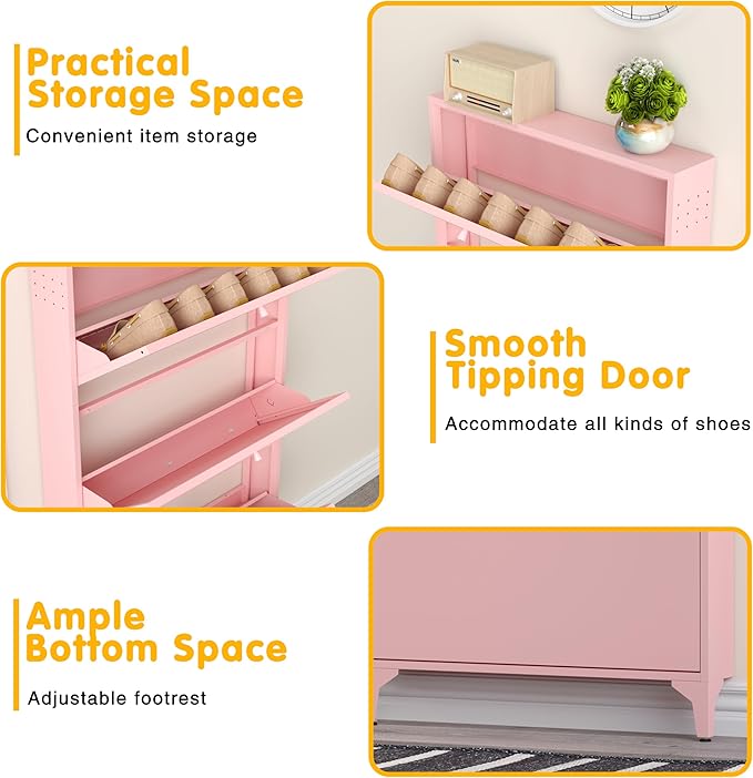 Shoe Cabinet with 3 Flip Drawers, Narrow Slim Hidden Shoe Storage Organizer Cabinet, 47.24'' Tall Shoes Rack Organizer Cabinet for Entryway, Hallway, Front Door, Pink