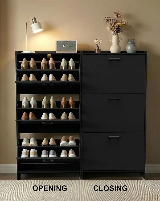 Shoe Cabinet with 3 Flip Drawers, Narrow Shoe Rack Cabinet，Morden Shoe Storage Cabinet，Freestanding Shoe Storage Cabinet for Hallway or Hallway, Black