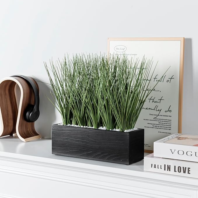 MyGift 12 Inch Desktop Artificial Green Grass Plants Faux Greenery Centerpiece with Rustic Black Solid Wood Planter Box