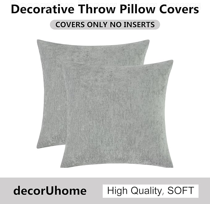 decorUhome Chenille Grey Throw Pillow Covers 22x22 Inch Set of 2, Decorative Soft Couch Pillow Covers Solid Dyed Accent Farmhouse Neutral Square Pillow Cases for Sofa