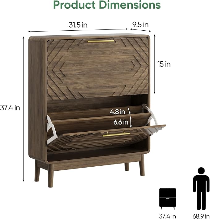 Shoe Storage Cabinet with Hand-Carved Raised Embossed 2 Flip Drawers,Narrow Shoe Cabinet Storage for Entryway, Freestanding Shoe Organizer Cabinet, Slim Shoe Rack Cabinet (Walnut)