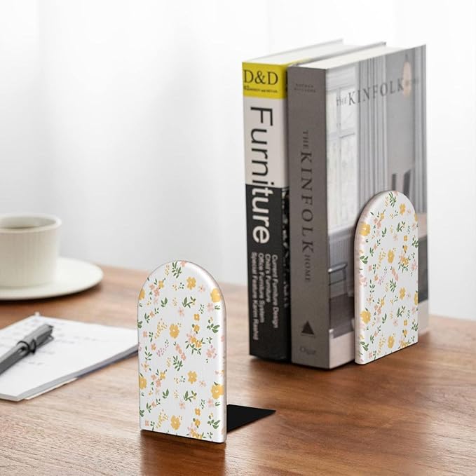 Yellow Floral Fragments Wood Book Ends for Shelves, Non-Skid Bookends for Office, Library, and Home Decor, 1 Pair