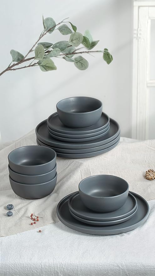 Famiware Dawn Plates and Bowls Sets, 12 Pieces Stoneware Dinnerware Sets, Dishes Set for 4, Microwave and Dishwasher Safe, Speckled Charcoal