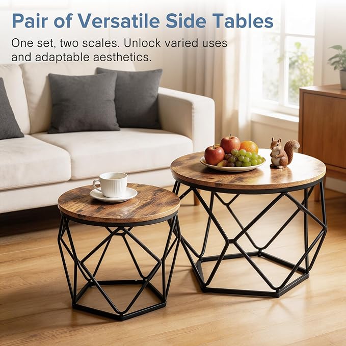 DUMOS Modern Geometric 2Pack Coffee Table, Round Nesting Side Tables with Hidden Storage, Movable End Tables for Living Room Decor & Practical Use Brown