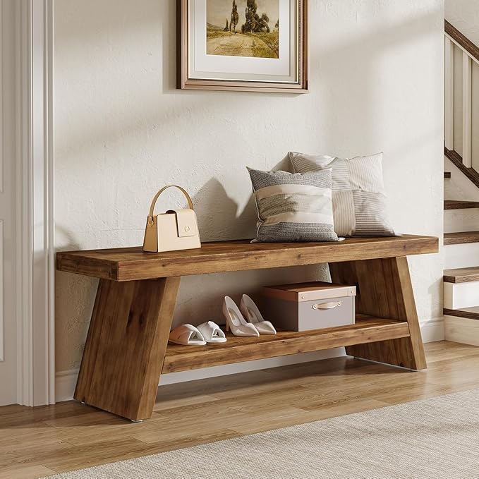 Entryway Bench with Shoe Storage, 2-Tier Hallway Solid Wood Seating with Open Shelves, Wooden Shoe Bench Indoor for Entryway, Living Room, Bedroom (Rustic Brown)