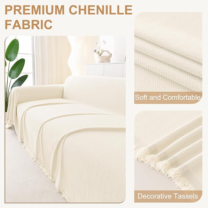 Smiry Couch Cover for Dogs, Washable Chenille Sofa Covers for 3 Cushion Couch, Soft Sofa Slipcover for Pets, Thick Sectional Furniture Protector with Tassels (Beige, 71x134 Inch)