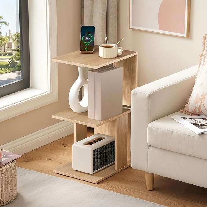 MAHANCRIS Modern End Table with Charging Station, Narrow Side Table for Small Spaces with 2 Open Storage Shelf, Narrow Nightstand with Light, Thin Bedside Table for Living Room, Natural ETNA18E01