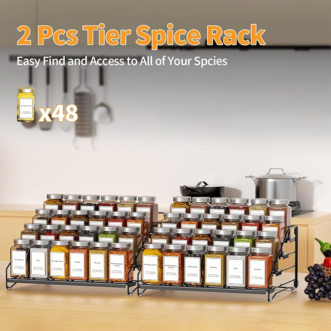 BOIVSHI 4 Tier Spice Rack Organizer, Spice Rack for Cabinet, Adjustable Depth Seasoning Shelf for Countertop, Pantry, Seasoning Organizer, Metal, Black (2 Pack)