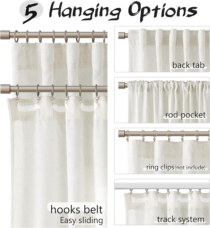 Joywell Natural Linen Curtains 94 Inches Length Light Filtering Sheer Neutral Farmhouse Boho Rod Pocket Back Tab Hook Belt Clip Rings Cream Ivory Window Drapes for Bedroom Living Room 2 Panels 52x94