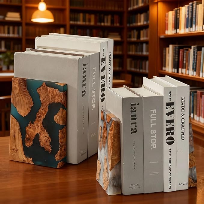 Resin Bookends Large Heavy Duty Bookends for Shelves, Unique Burl Wood Figure Book Ends for Study Office, Fancy Modern Decorative Book Supports for Bookshelf Organization (Pearlescent White)