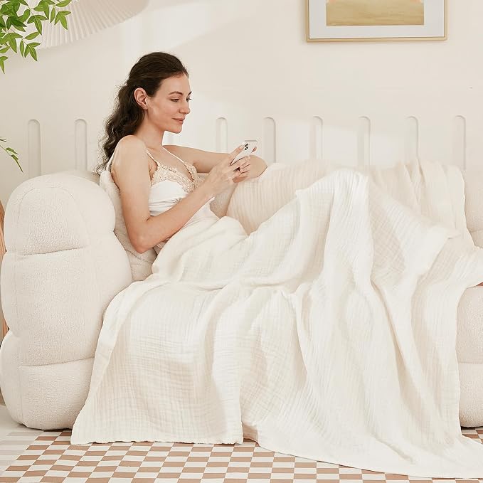 EMME Cotton Muslin Queen Blanket Bed Layering Bedspread Coverlet Breathable Gauze Soft Lightweight Adults (White,90"x90")