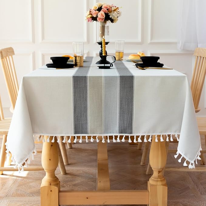 Laolitou Rustic Tablecloth Cotton Linen Waterproof Tablecloths Burlap Table Cloths for Kitchen Dining Cloth Table Cloth for Rectangle Tables Light Grey Stripes Square,55"x 55",4 Seats